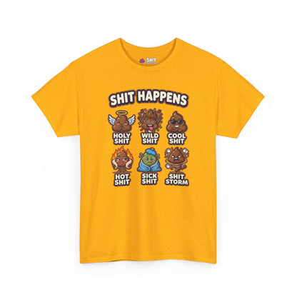 The Shit Happens Stag Do Tee is a yellow t-shirt with cartoon poop characters and pun phrases like "Holy Shit" and "Shit Storm." Featuring bold "Shit Happens" text, it’s the ultimate funny pick for stag weekend shenanigans!.