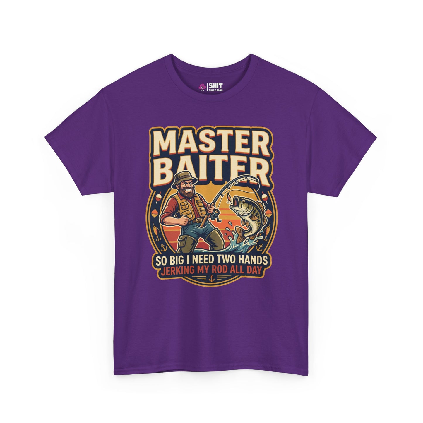 The Master Baiter Rude Fishing Tee is a purple shirt with a cartoon man and giant fish. Bold text reads MASTER BAITER, plus the cheeky line: So big I need two hands jerking my rod all day—a hilarious fishing shirt!.
