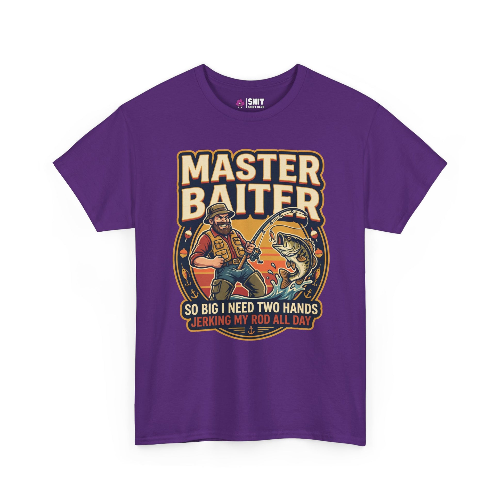 The Master Baiter Rude Fishing Tee is a purple shirt with a cartoon man and giant fish. Bold text reads MASTER BAITER, plus the cheeky line: So big I need two hands jerking my rod all day—a hilarious fishing shirt!.