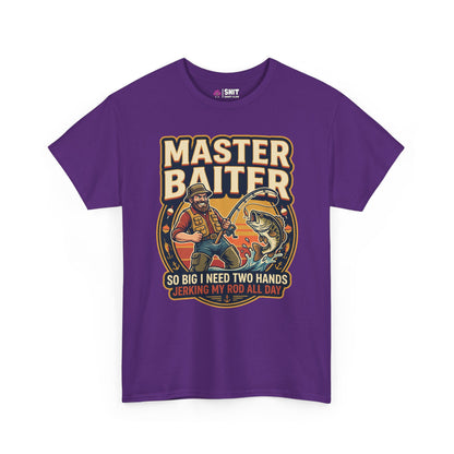 The Master Baiter Rude Fishing Tee is a purple shirt with a cartoon man and giant fish. Bold text reads MASTER BAITER, plus the cheeky line: So big I need two hands jerking my rod all day—a hilarious fishing shirt!.