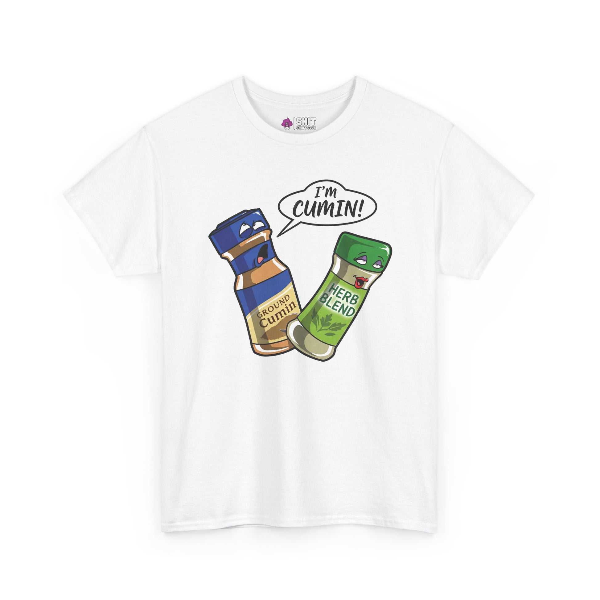 The "I’m Cumin!" Stag Do Tee is a white T-shirt with cartoon spice bottles—Ground Cumin looking mischievous, Herb Blend blushing—and a speech bubble saying, "I’m cumin!" A funny novelty shirt for stag parties.