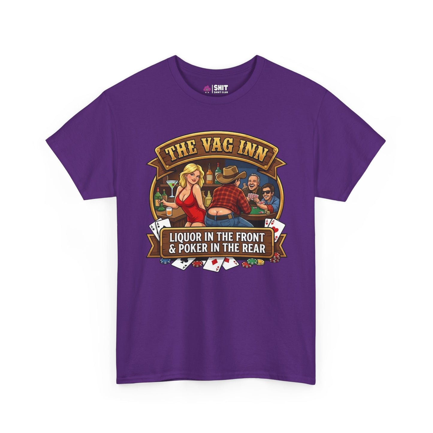 The Vag Inn Stag Do Tee is a purple unisex party shirt with a graphic of people playing cards at a bar, "THE VAG INN" text above, "LIQUOR IN THE FRONT & POKER IN THE REAR" below, and playing card accents—perfect for pub crawls.