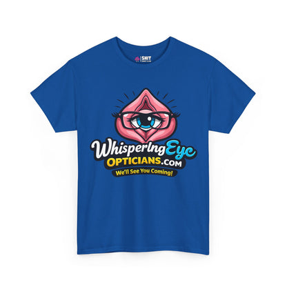 Show off your cheeky side with the Whispering Eye Opticians Logo Tee (We'll See You Coming!)—a blue T-shirt featuring an eye inside pink lips with glasses and playful text. Perfect for stag dos and anyone who loves bold, fun style.
