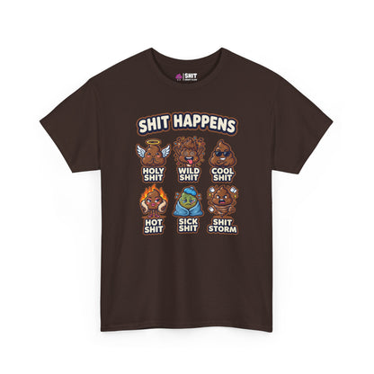 The Shit Happens Stag Do Tee features six cartoon poop characters labeled "Holy Shit," "Cool Shit," and more, with “Shit Happens” boldly printed above—a hilarious choice for your stag party crew.
