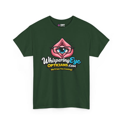 The Whispering Eye Opticians Logo Tee (We'll See You Coming!) is a dark green shirt with a cartoon eye in pink lips and bold text—ideal as a cheeky stag do tee for your crew.