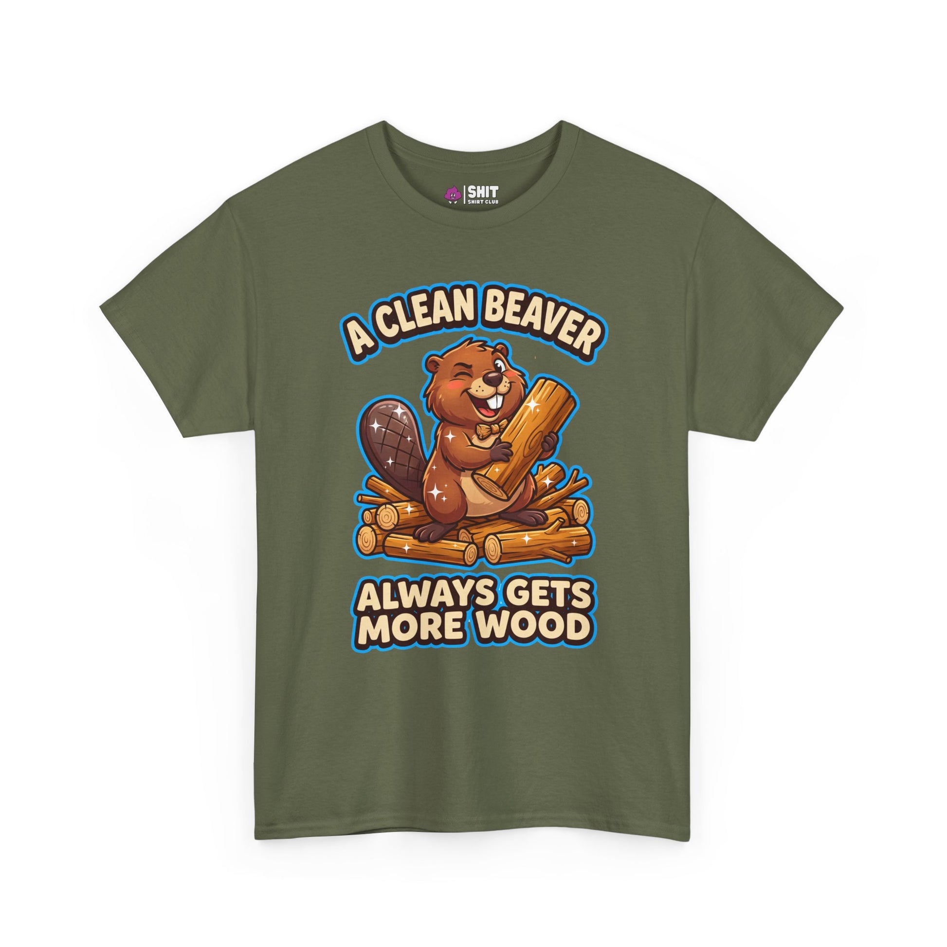 The "A Clean Beaver Always Gets More Wood" Stag Do Tee is an olive green shirt featuring a cartoon beaver holding logs and smiling—ideal as a cheeky, funny stag party t-shirt.