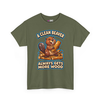 The "A Clean Beaver Always Gets More Wood" Stag Do Tee is an olive green shirt featuring a cartoon beaver holding logs and smiling—ideal as a cheeky, funny stag party t-shirt.