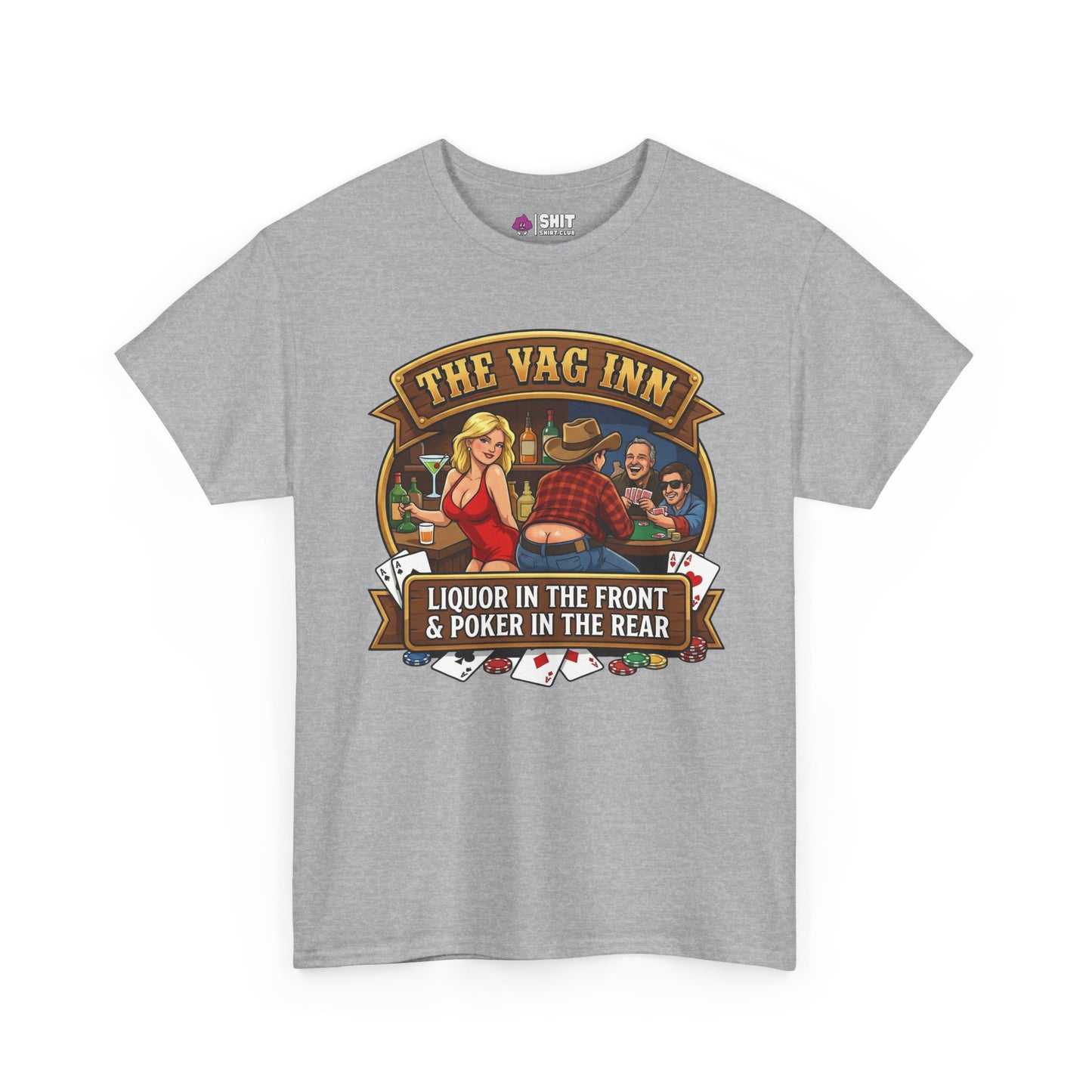 The Vag Inn Stag Do Tee is a gray shirt with a fun illustration of a woman and two men playing poker at a bar, plus cards and chips—perfect as a funny stag party or stag do T-shirt.