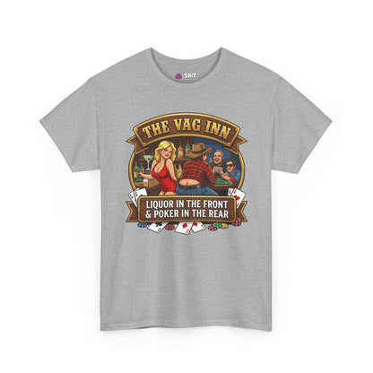 The Vag Inn Stag Do Tee is a gray shirt with a fun illustration of a woman and two men playing poker at a bar, plus cards and chips—perfect as a funny stag party or stag do T-shirt.