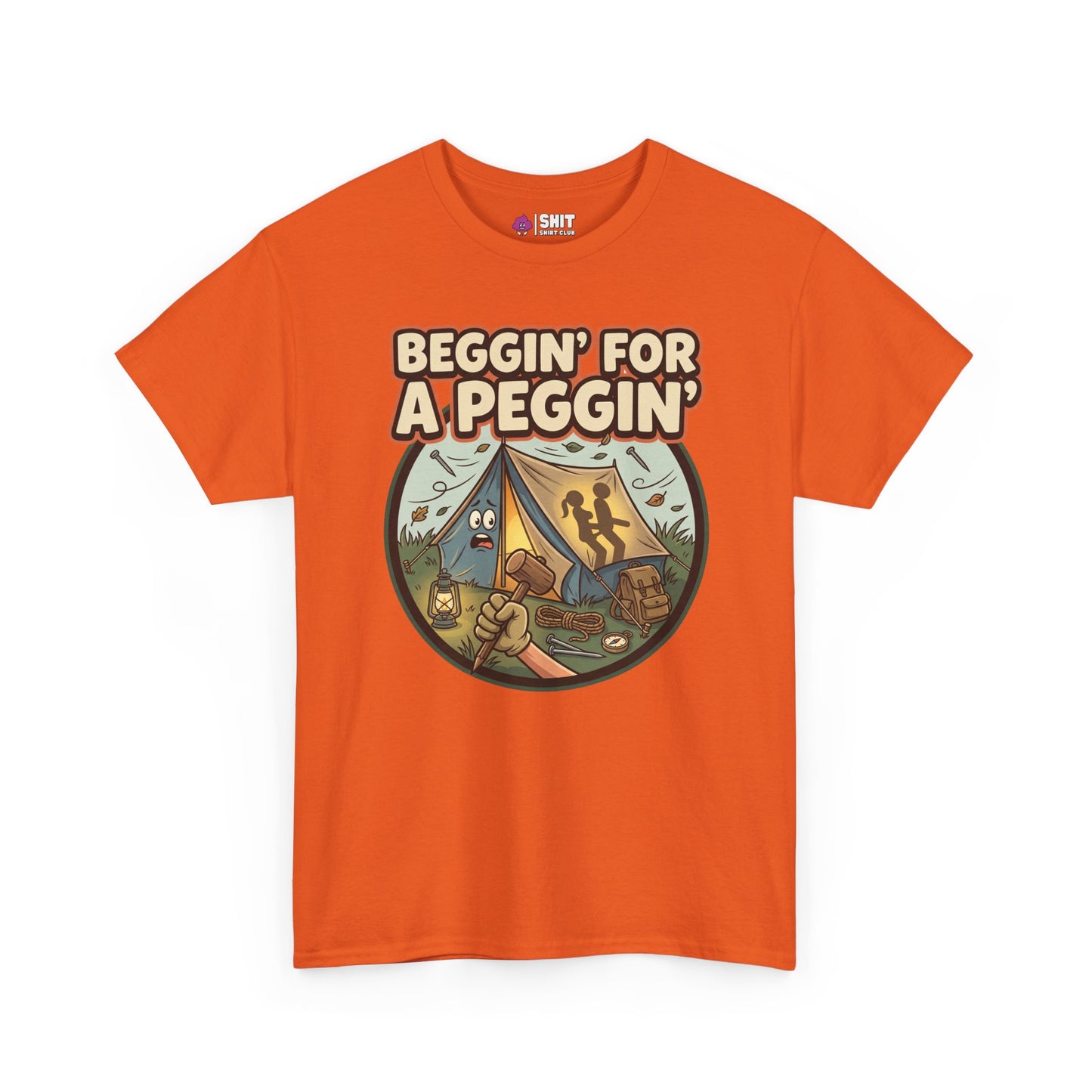 The Beggin' for a Peggin' Camping Tee is an orange funny t-shirt with cartoon designs of a tent, mountains, animals, food, and two silhouetted people—ideal as a cheeky gift or quirky festival outfit.