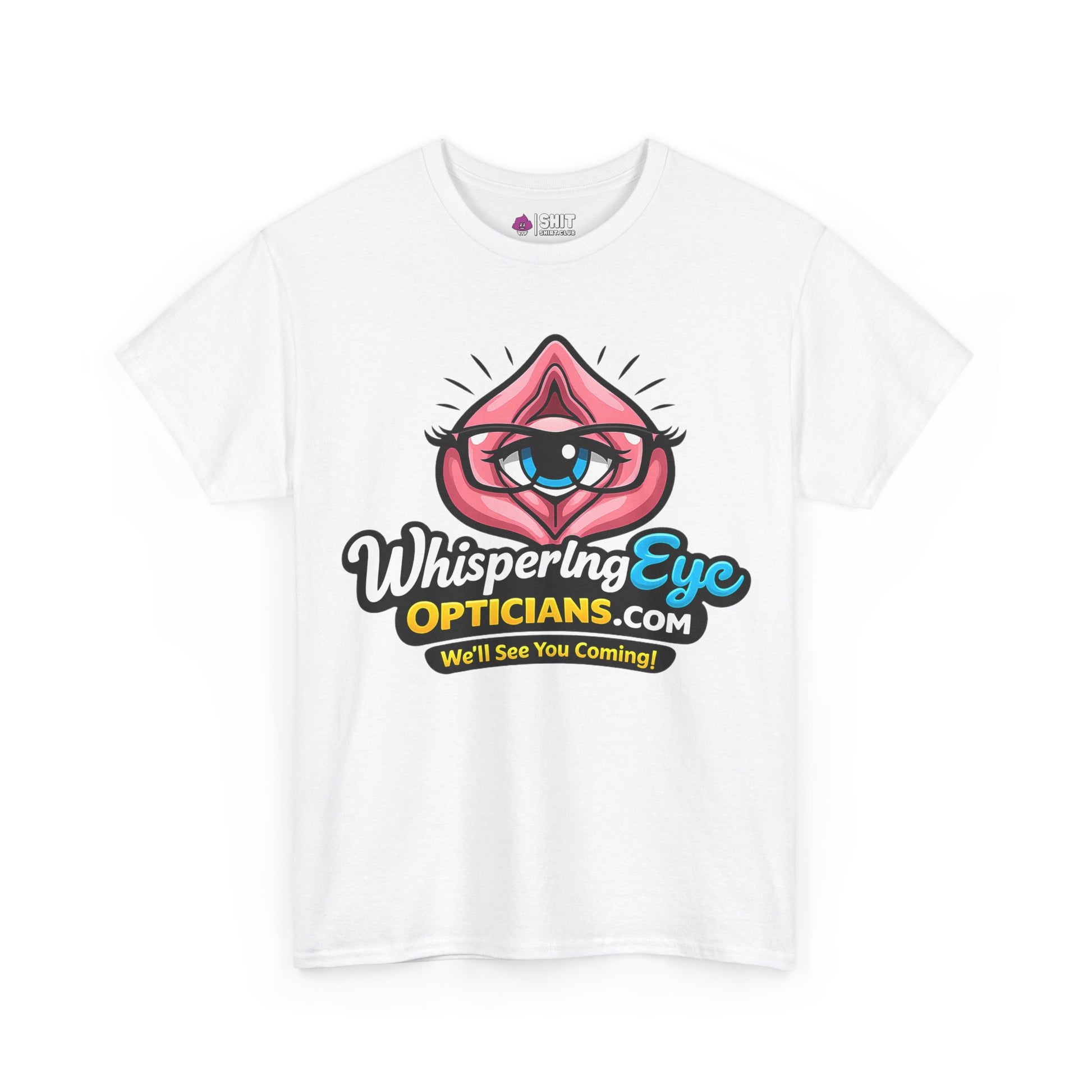 The Whispering Eye Opticians Logo Tee (We'll See You Coming!) is a white shirt with pink lips, an eye graphic, and bold text—ideal as a funny stag do t-shirt for laughs.