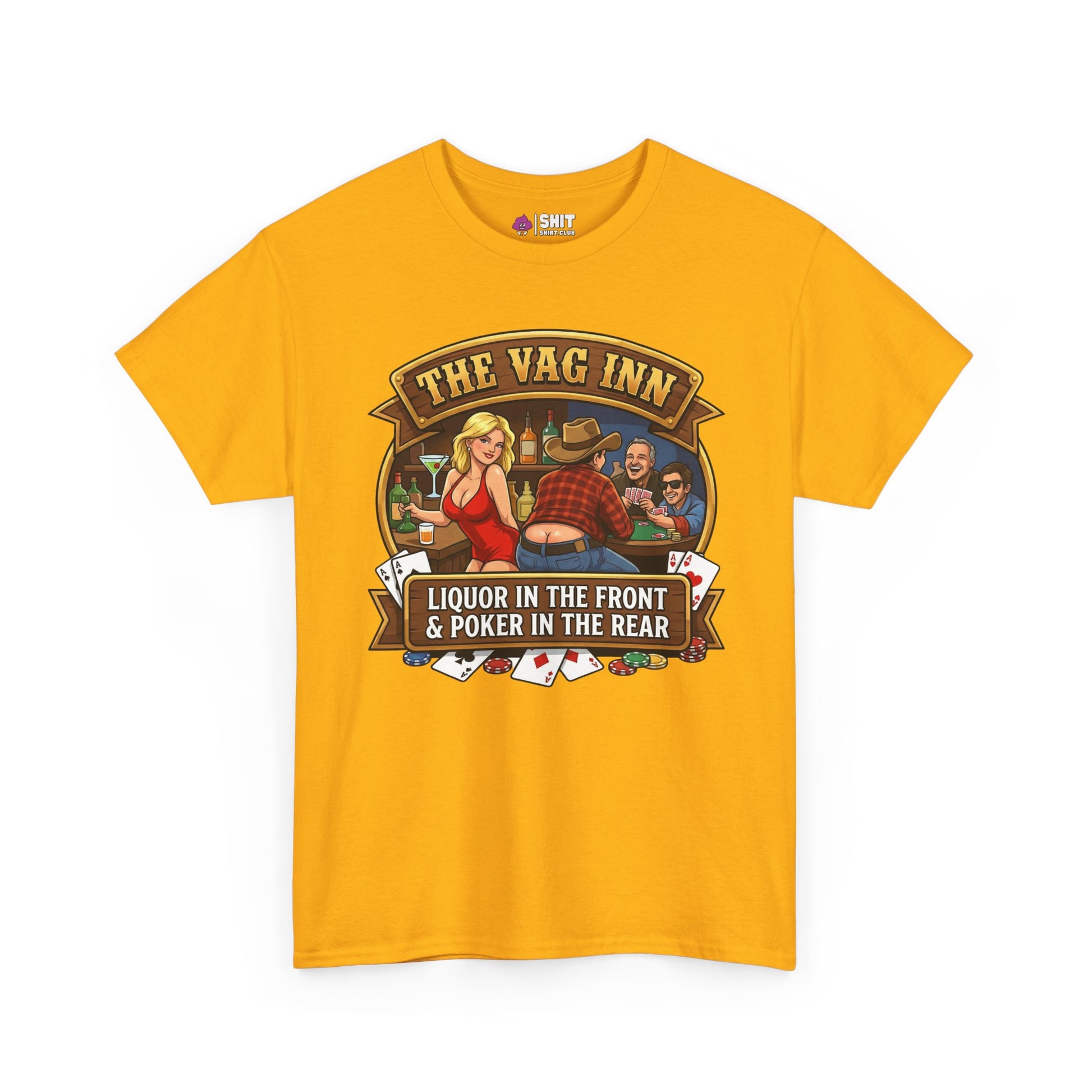 The Vag Inn Stag Do Tee: Yellow t-shirt with an illustrated bar scene—woman in red, men playing poker, and “THE VAG INN” text. Ideal as a funny pub crawl or “Liquor in the Front Poker in the Rear” shirt.