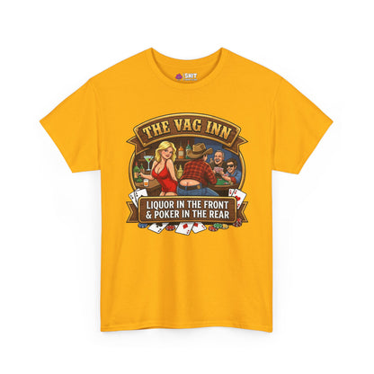 The Vag Inn Stag Do Tee: Yellow t-shirt with an illustrated bar scene—woman in red, men playing poker, and “THE VAG INN” text. Ideal as a funny pub crawl or “Liquor in the Front Poker in the Rear” shirt.