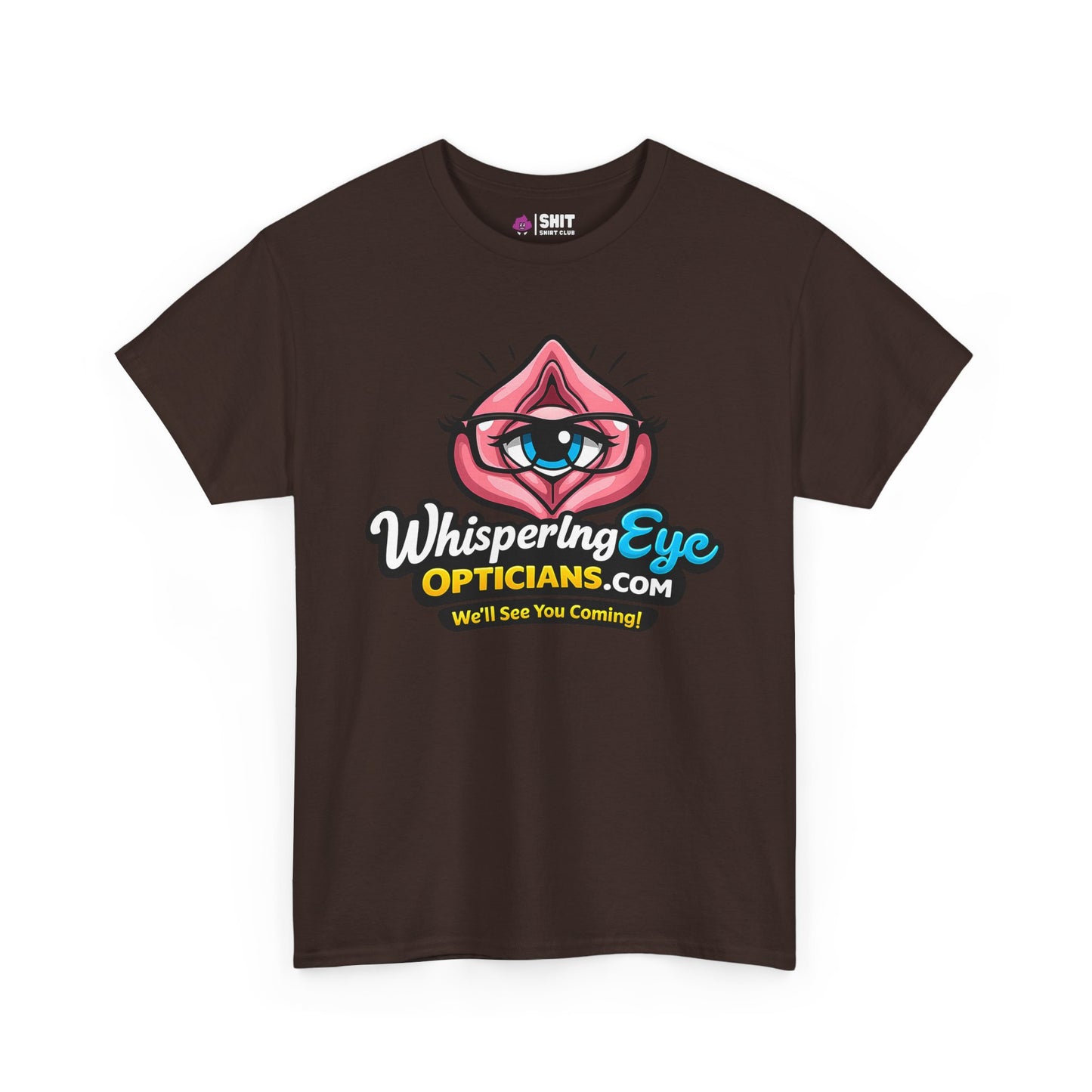 The Whispering Eye Opticians Logo Tee ("We'll See You Coming!") is a black t-shirt with a stylized eye inside a pink shape, plus the website and slogan in bold white, blue, and yellow—perfect for any stag do.