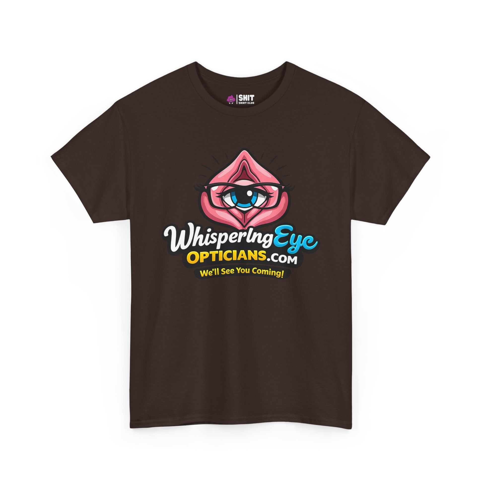 The Whispering Eye Opticians Logo Tee ("We'll See You Coming!") is a black t-shirt with a stylized eye inside a pink shape, plus the website and slogan in bold white, blue, and yellow—perfect for any stag do.