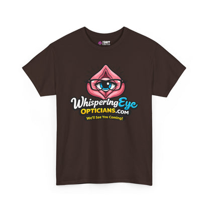 The Whispering Eye Opticians Logo Tee ("We'll See You Coming!") is a black t-shirt with a stylized eye inside a pink shape, plus the website and slogan in bold white, blue, and yellow—perfect for any stag do.
