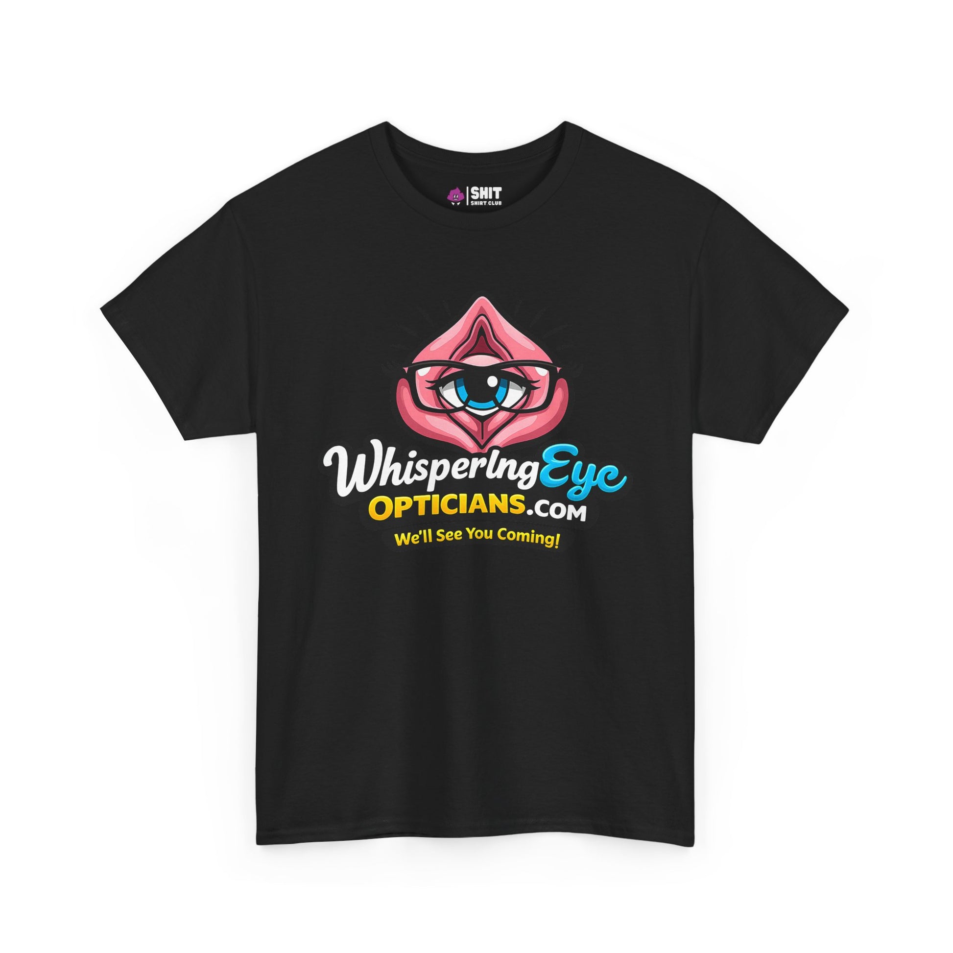 The Whispering Eye Opticians Logo Tee (We'll See You Coming!) is a black T-shirt featuring a blue eye graphic, pink shape, and playful slogan—perfect for your next stag do.