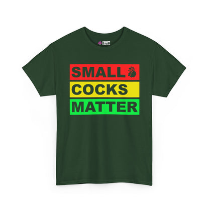 The Small Cocks Matter Stag Do Tee features dark green fabric with bold red, yellow, and green text blocks plus a rooster icon—ideal as a funny body confidence shirt or for stag do humour.