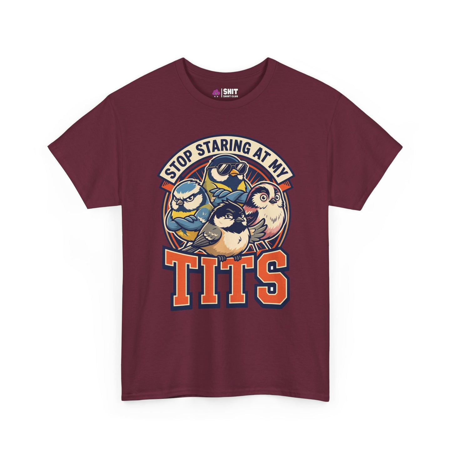 The “Stop Staring at My Tits” Stag Do Tee is a maroon shirt with illustrated birds and bold text—a funny, unique gift for grooms or a standout choice for stag do outfits.