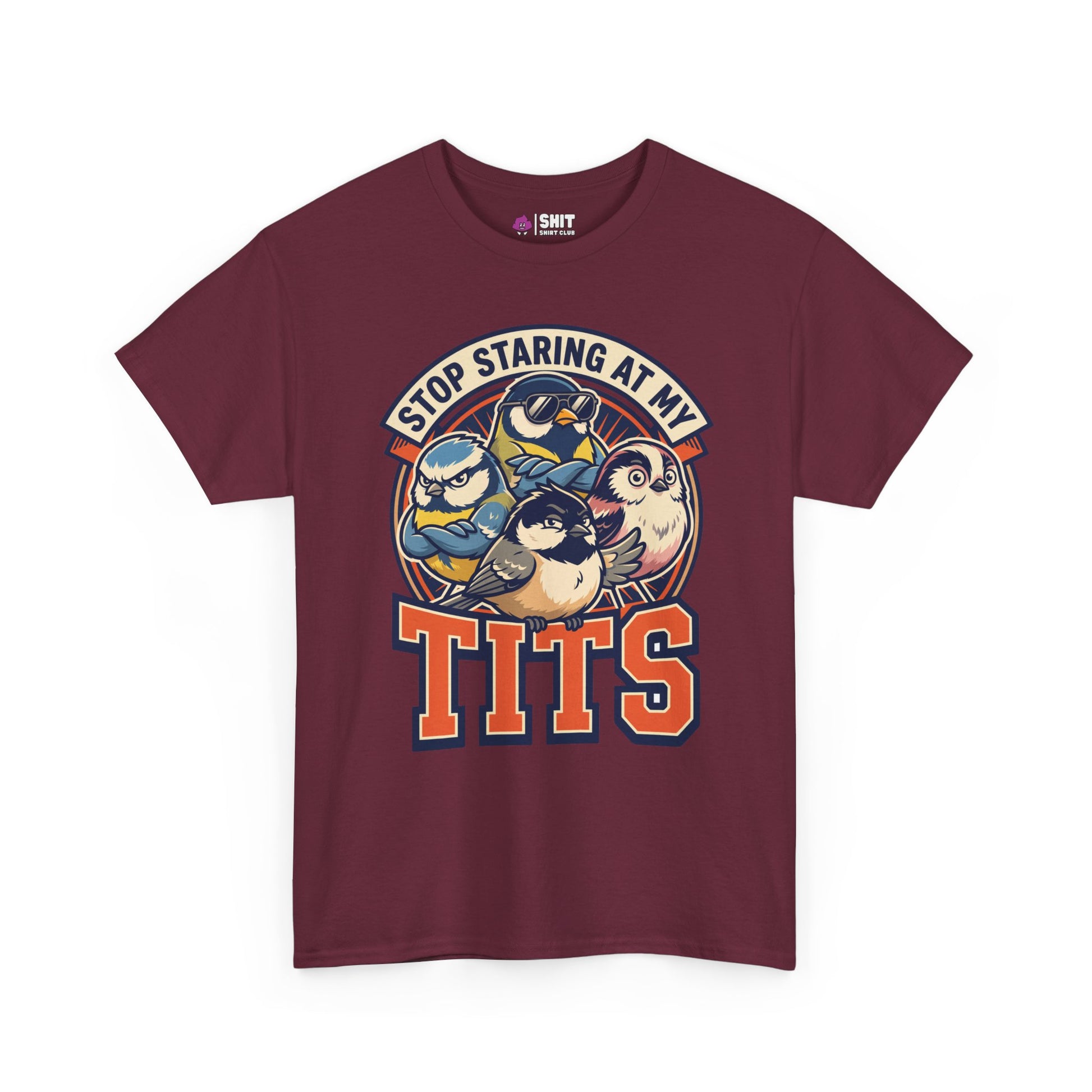 The “Stop Staring at My Tits” Stag Do Tee is a maroon shirt with illustrated birds and bold text—a funny, unique gift for grooms or a standout choice for stag do outfits.