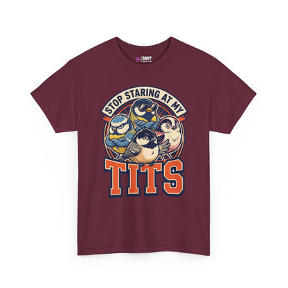 The “Stop Staring at My Tits” Stag Do Tee is a maroon shirt with illustrated birds and bold text—a funny, unique gift for grooms or a standout choice for stag do outfits.