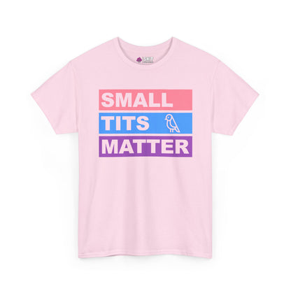 The "Small Tits Matter" Tee is a light pink women’s shirt with bold text in pink, blue, and purple bars and a line drawing of a bird—perfect as a quirky gift or fun hen party top.