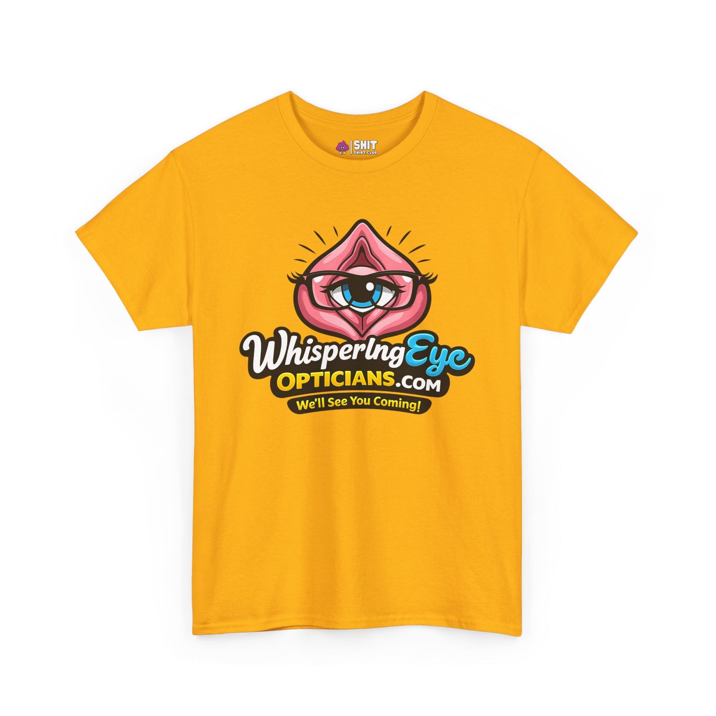 A bold yellow Whispering Eye Opticians Logo Tee (We'll See You Coming!), featuring an eye in pink lips and fun fonts—perfect as a stag do t-shirt.