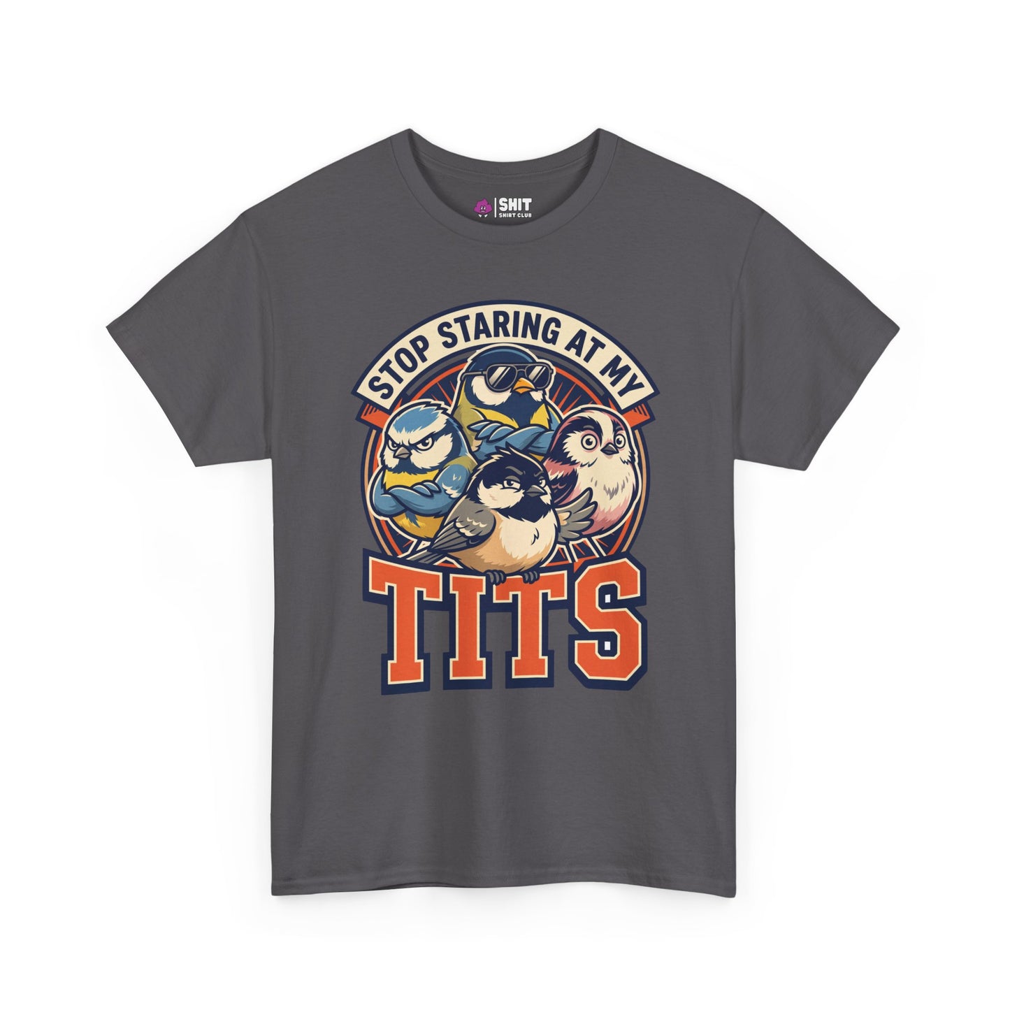 The “Stop Staring at My Tits” Stag Do Tee is a gray shirt with cartoon birds and cheeky text—an ideal, funny bachelor party outfit or quirky groom gift for bird lovers.