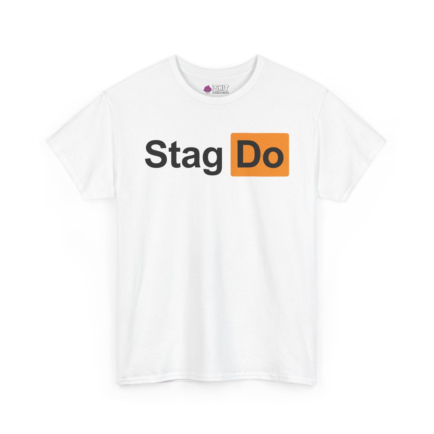 The Stag Do PornHub Tee is a white shirt featuring "Stag" in bold black text and "Do" in white inside an orange rectangle, inspired by the iconic PornHub design—a hilarious choice for your stag night out.