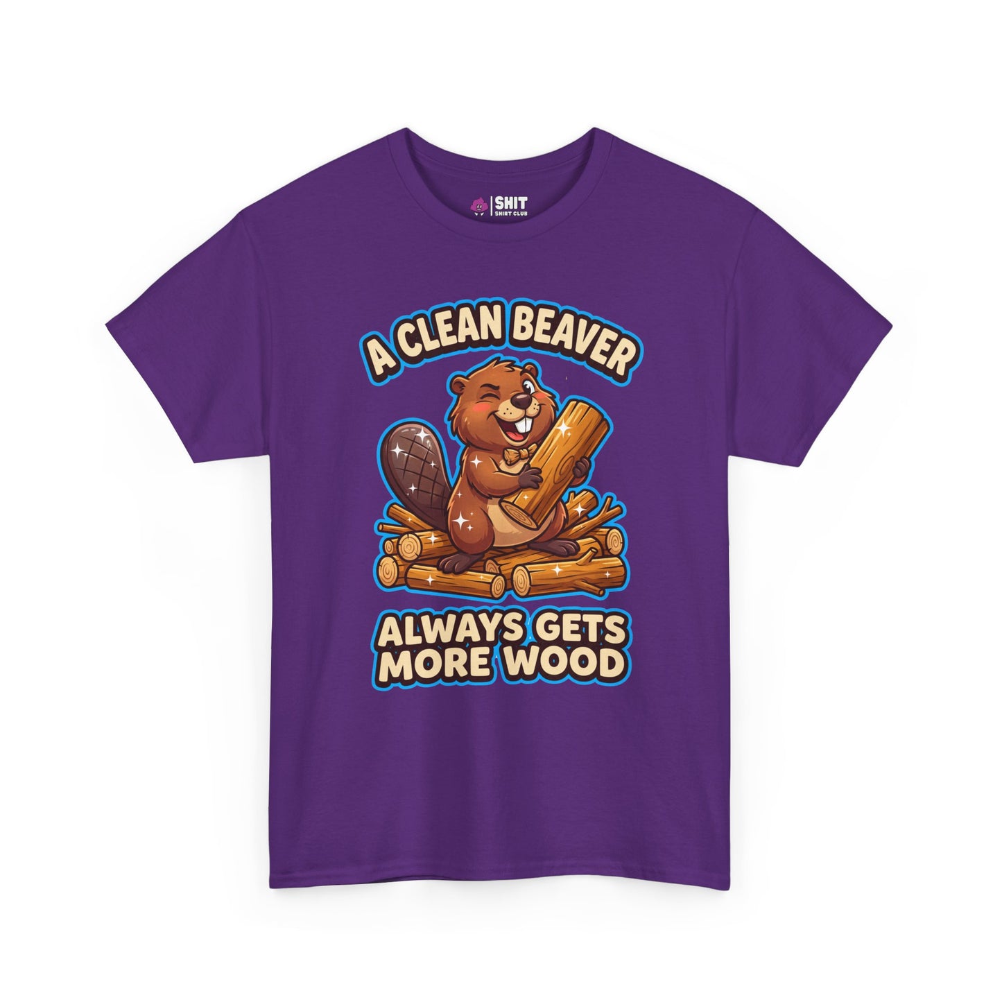 The "A Clean Beaver Always Gets More Wood" Stag Do Tee is a purple shirt featuring a cartoon beaver with a log, sitting on wood piles, and the cheeky slogan—perfect for bringing laughs to any stag do!.