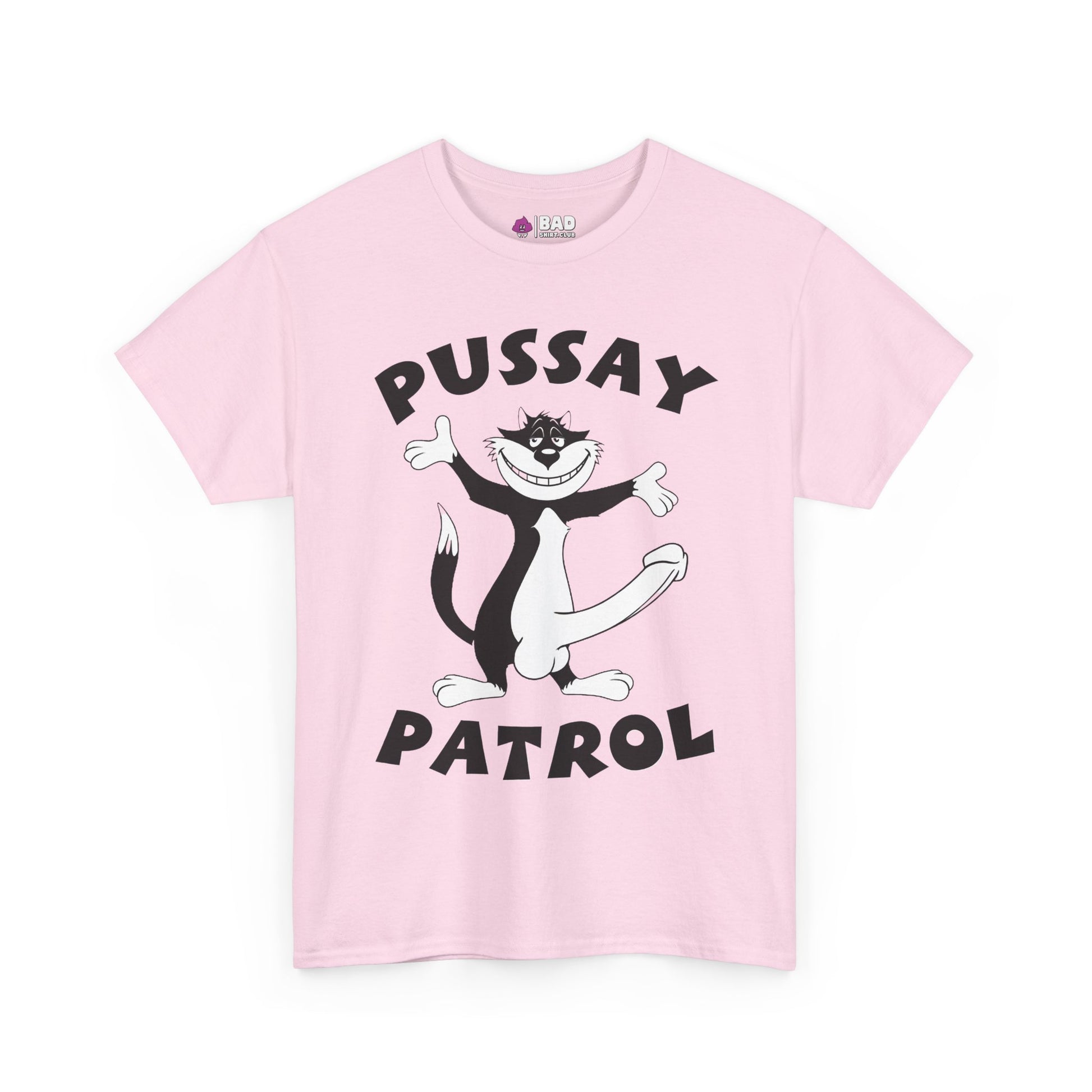 A light pink Pussay Patrol Stag Do Tee featuring a cartoon black and white cat with outstretched arms and bold "PUSSAY PATROL" lettering above and below the cat.