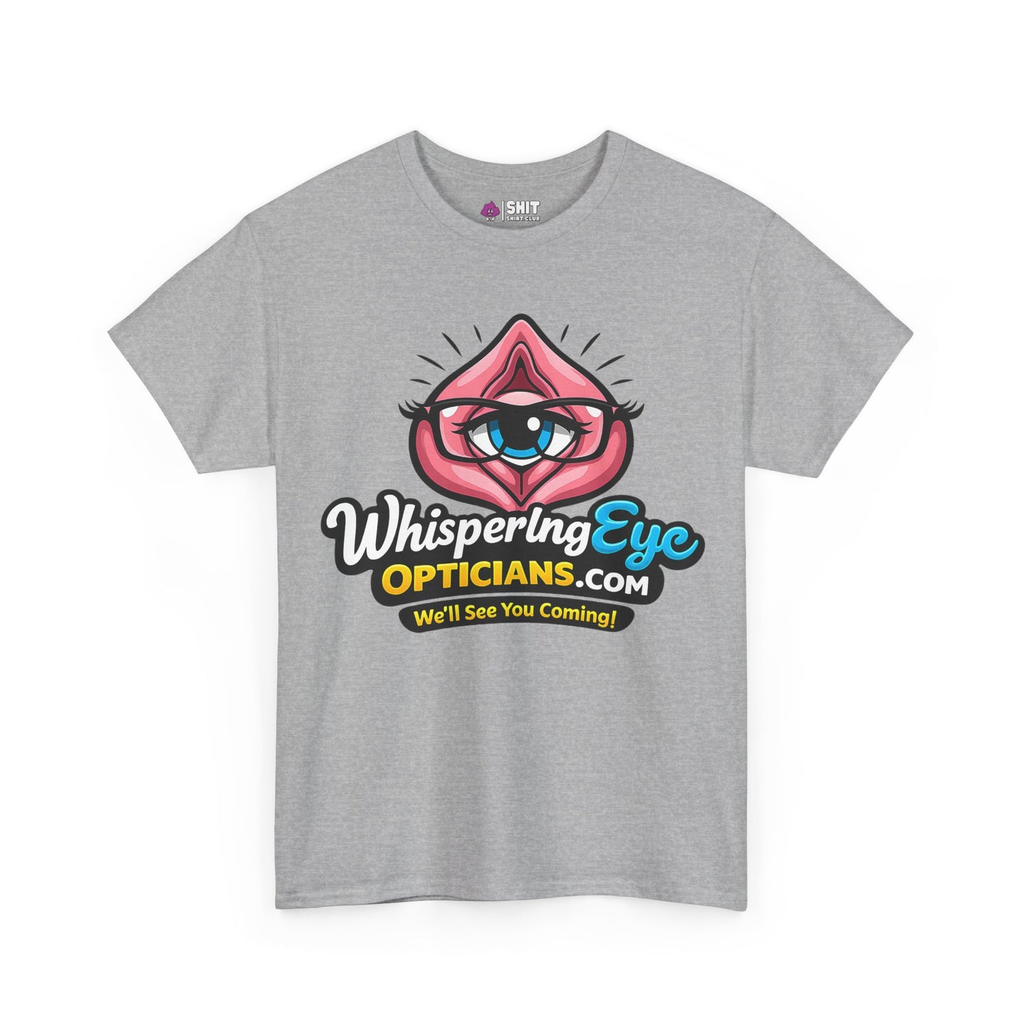 The Whispering Eye Opticians Logo Tee (We'll See You Coming!) features a gray design with lips and an eye graphic plus bold text—an ideal cheeky shirt for your next stag do.