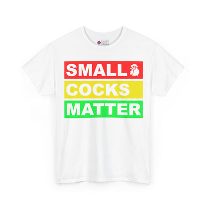The Small Cocks Matter Tee is a white stag party shirt with “SMALL COCKS MATTER” in red, yellow, and green blocks and a small rooster icon by “SMALL”—ideal as a funny stag do or unique novelty tee.