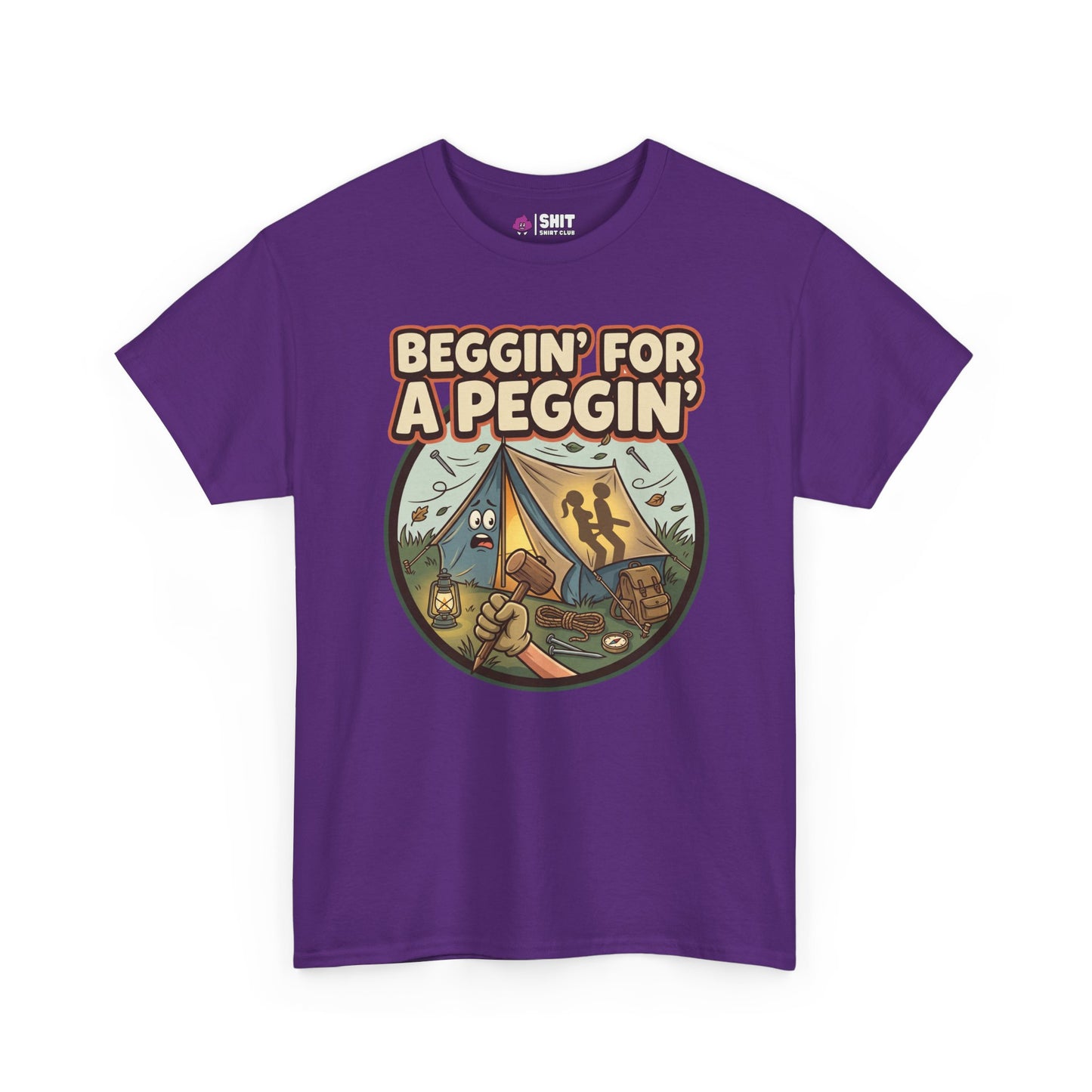 The Beggin' for a Peggin' Camping Tee is a purple, funny festival shirt with a cartoon tent, stick, and gear plus bold text. Playful and cheeky, it’s the perfect rude camping gift for outdoor fans.