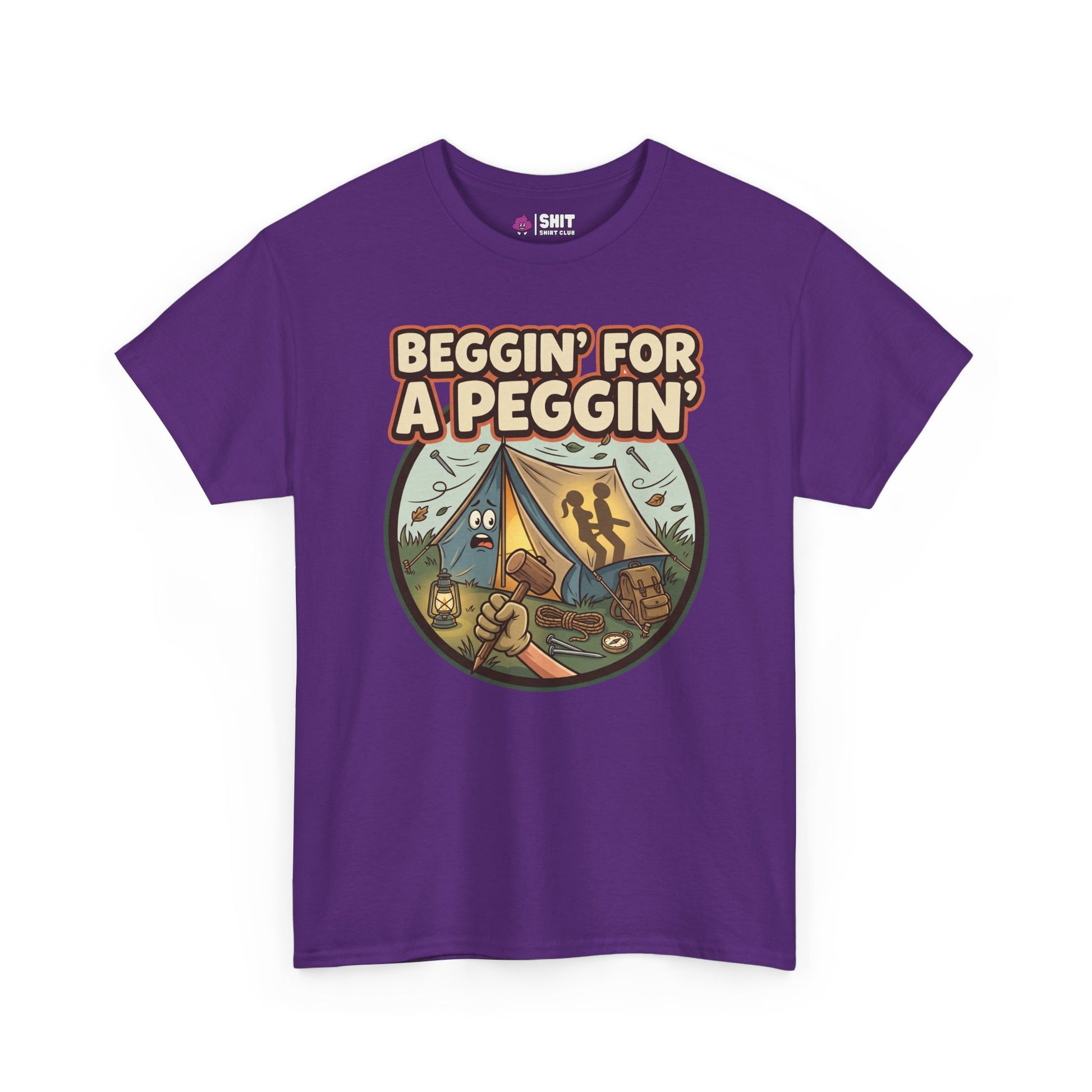The Beggin' for a Peggin' Camping Tee is a purple, funny festival shirt with a cartoon tent, stick, and gear plus bold text. Playful and cheeky, it’s the perfect rude camping gift for outdoor fans.