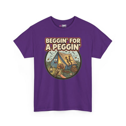 The Beggin' for a Peggin' Camping Tee is a purple, funny festival shirt with a cartoon tent, stick, and gear plus bold text. Playful and cheeky, it’s the perfect rude camping gift for outdoor fans.