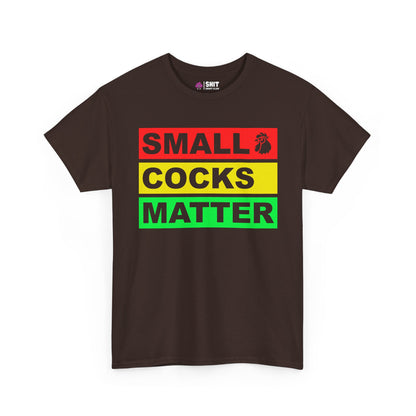 The Small Cocks Matter Stag Do Tee is a brown shirt with bold red, yellow, and green stripes, featuring “SMALL COCKS MATTER” and a rooster icon—ideal for body confidence or stag do humour.