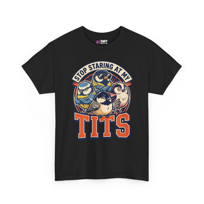 The “Stop Staring at My Tits” Stag Do Tee is a black shirt with cartoon birds and bold text—ideal for funny stag do outfits or as a hilarious groom gift.