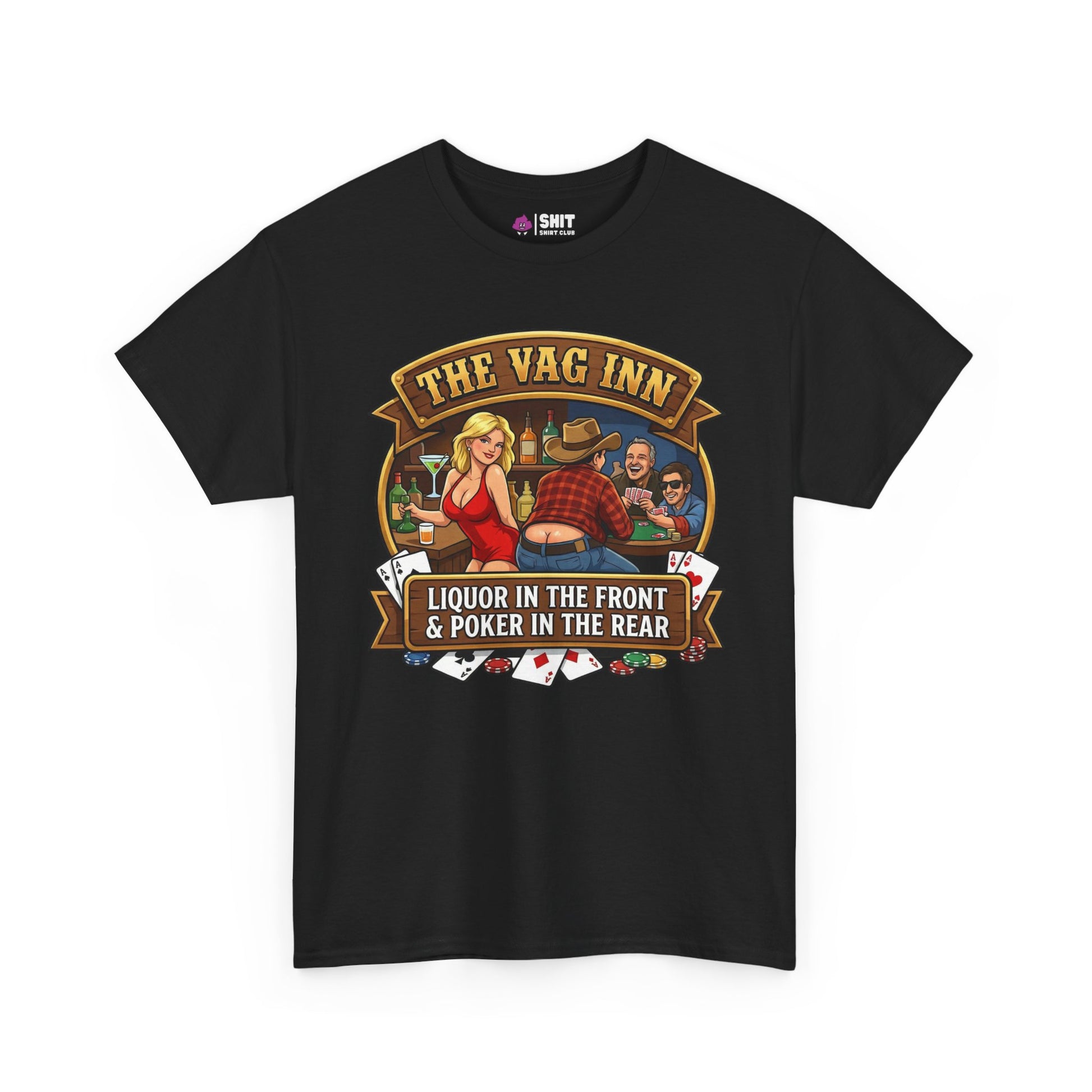 The Vag Inn Stag Do Tee: Black T-shirt with a bold graphic of a woman in red, men playing cards, and bottles on a bar. A hilarious pick for your next stag party or night out!.