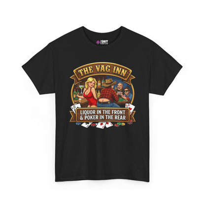 The Vag Inn Stag Do Tee: Black T-shirt with a bold graphic of a woman in red, men playing cards, and bottles on a bar. A hilarious pick for your next stag party or night out!.