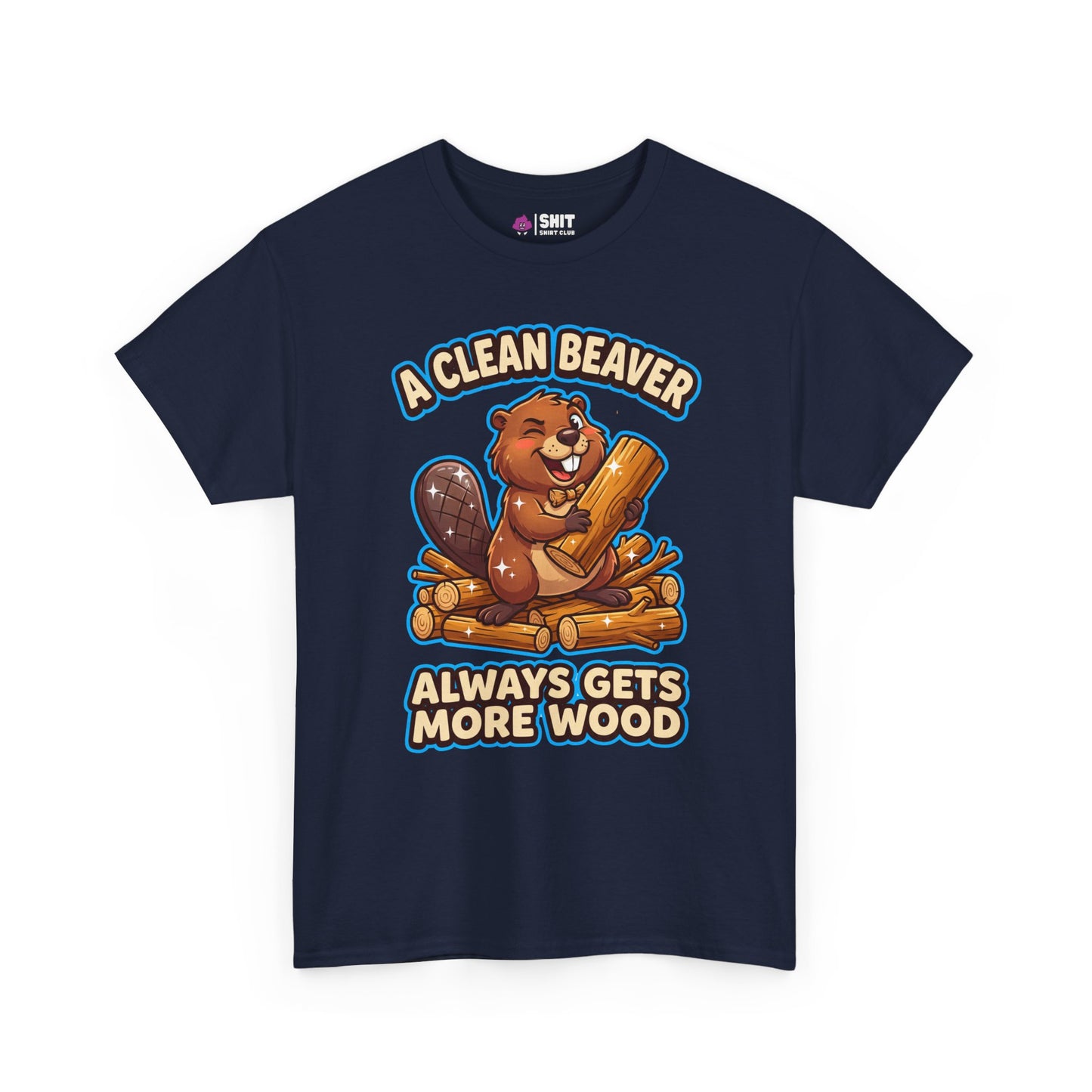 The "A Clean Beaver Always Gets More Wood" Stag Do Tee is a navy t-shirt with a cartoon beaver holding a log, smiling, and the slogan in bold—an ideal funny choice for any stag party.