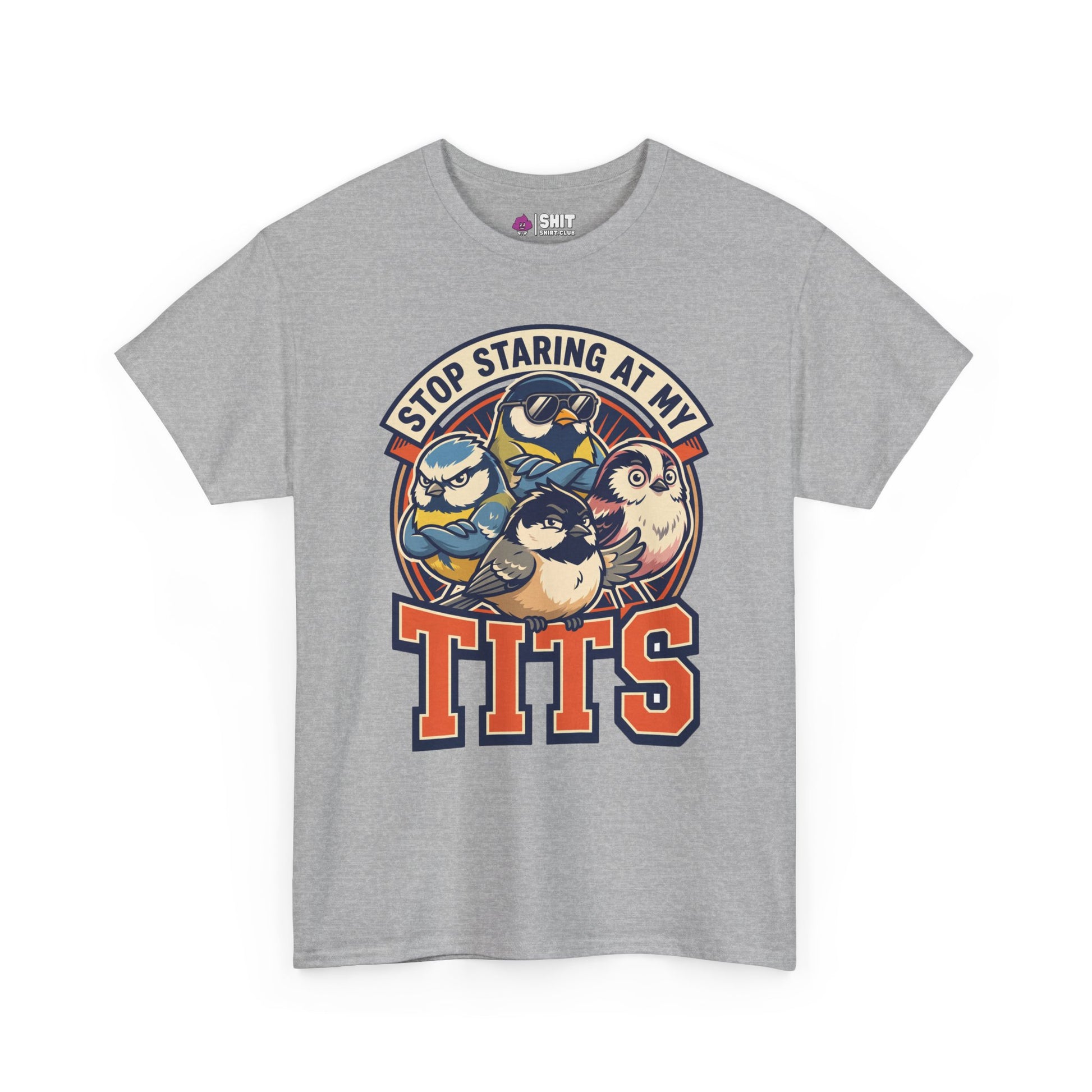 The “Stop Staring at My Tits” Stag Do Tee is a gray shirt with cartoon birds and bold text—perfect as a hilarious groom gift or funny stag do t-shirt for memorable parties.