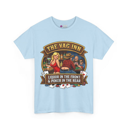 The Vag Inn "Liquor in the Front & Poker in the Rear" blue unisex tee shows a man and woman graphic—perfect for your next stag do.