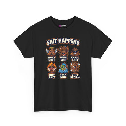 The Shit Happens Stag Do Tee is a black shirt with cartoon poop characters labeled with phrases like “Holy Shit” and “Wild Shit” under a bold “Shit Happens”—a hilarious option for your next stag weekend.