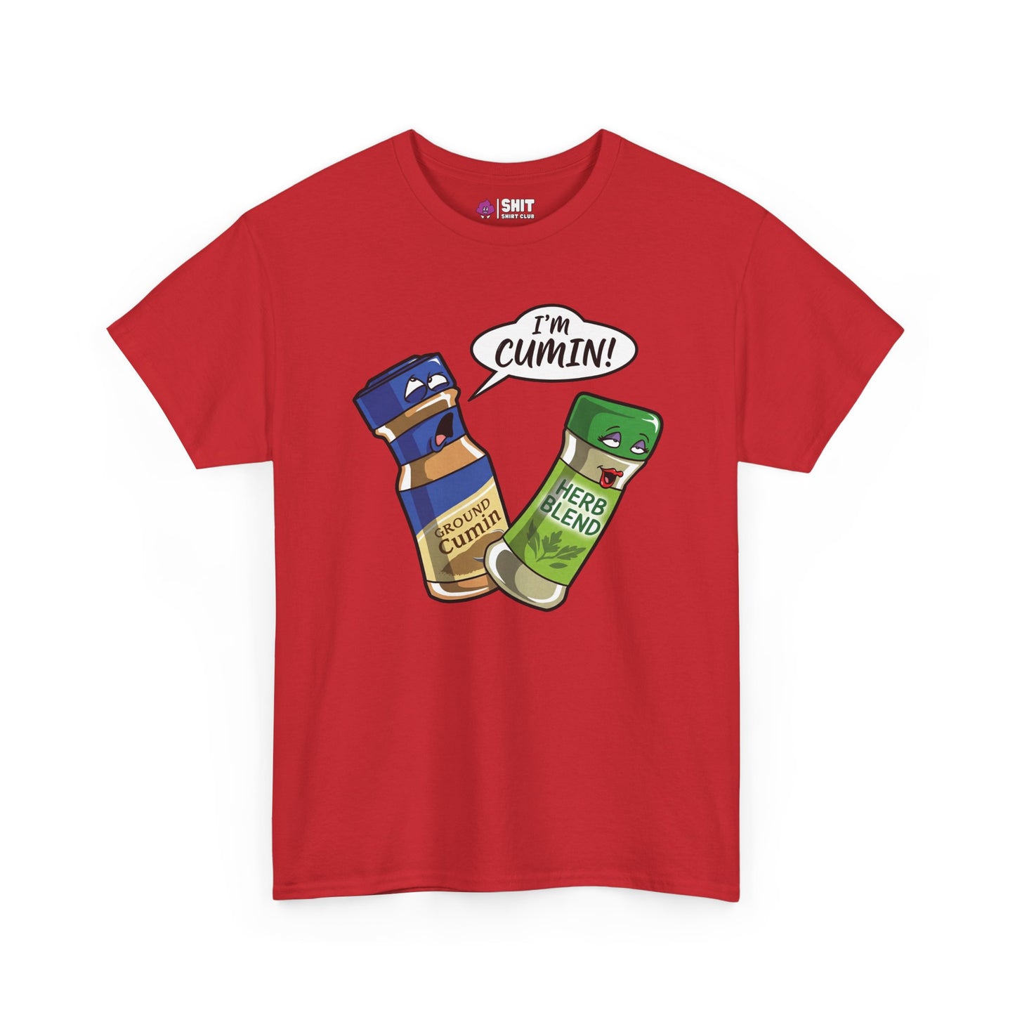The "I’m Cumin!" Stag Do Tee is a red shirt showing two cartoon spice jars—one shouts "IM CUMIN!" in excitement, the other looks surprised. A hilarious novelty stag party tee, perfect for adding fun to your stag do collection.