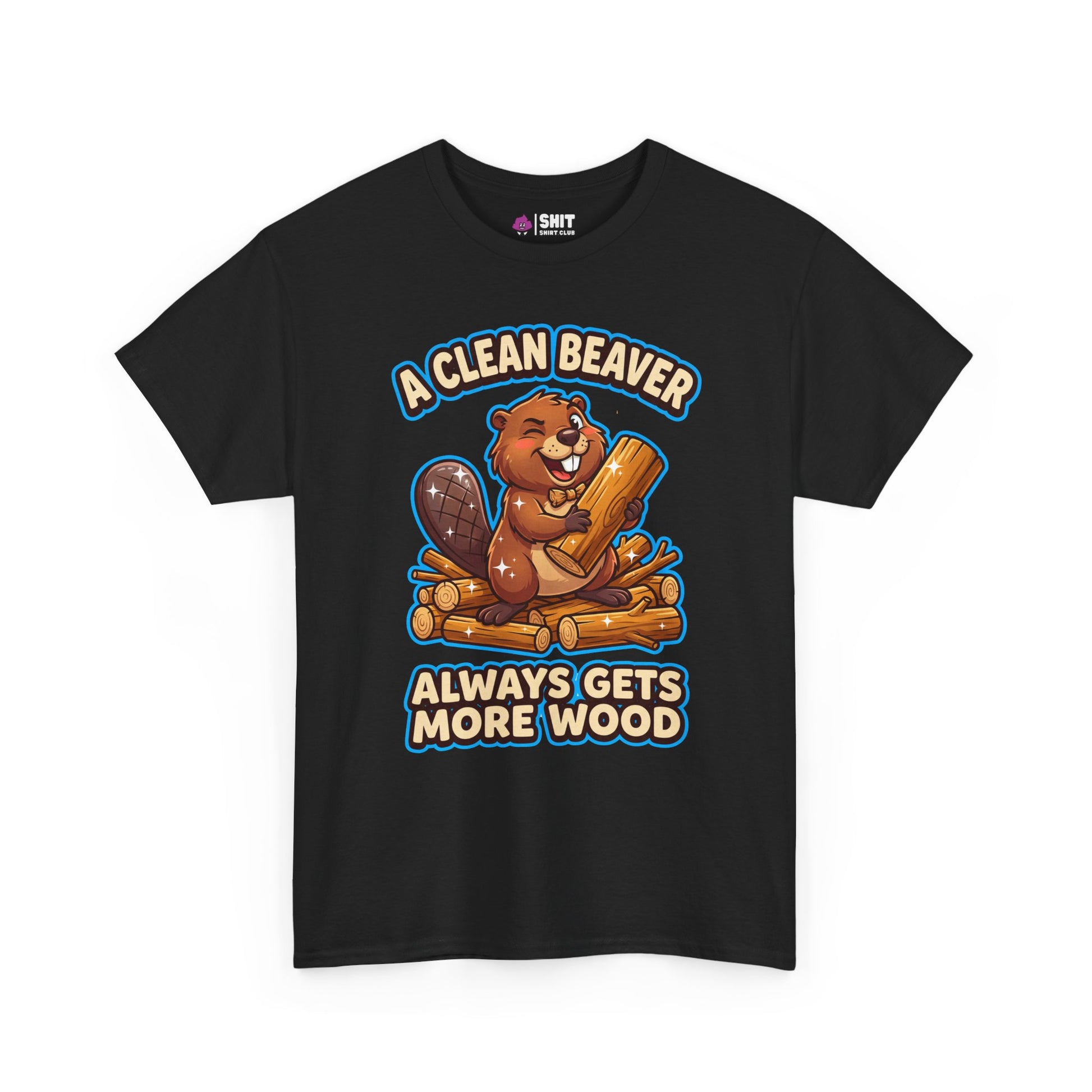 The "A Clean Beaver Always Gets More Wood" Stag Do Tee features a cartoon beaver with logs, sitting on a wood pile, and the cheeky slogan—perfect fun for any stag do!.