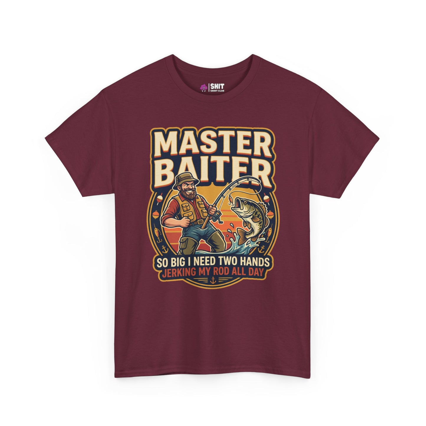 The Master Baiter Rude Fishing Tee features a cartoon fisherman with the text "MASTER BAITER" above and "SO BIG I NEED TWO HANDS JERKING MY ROD ALL DAY" below—a hilarious, edgy fishing shirt perfect for any funny fishing fan.