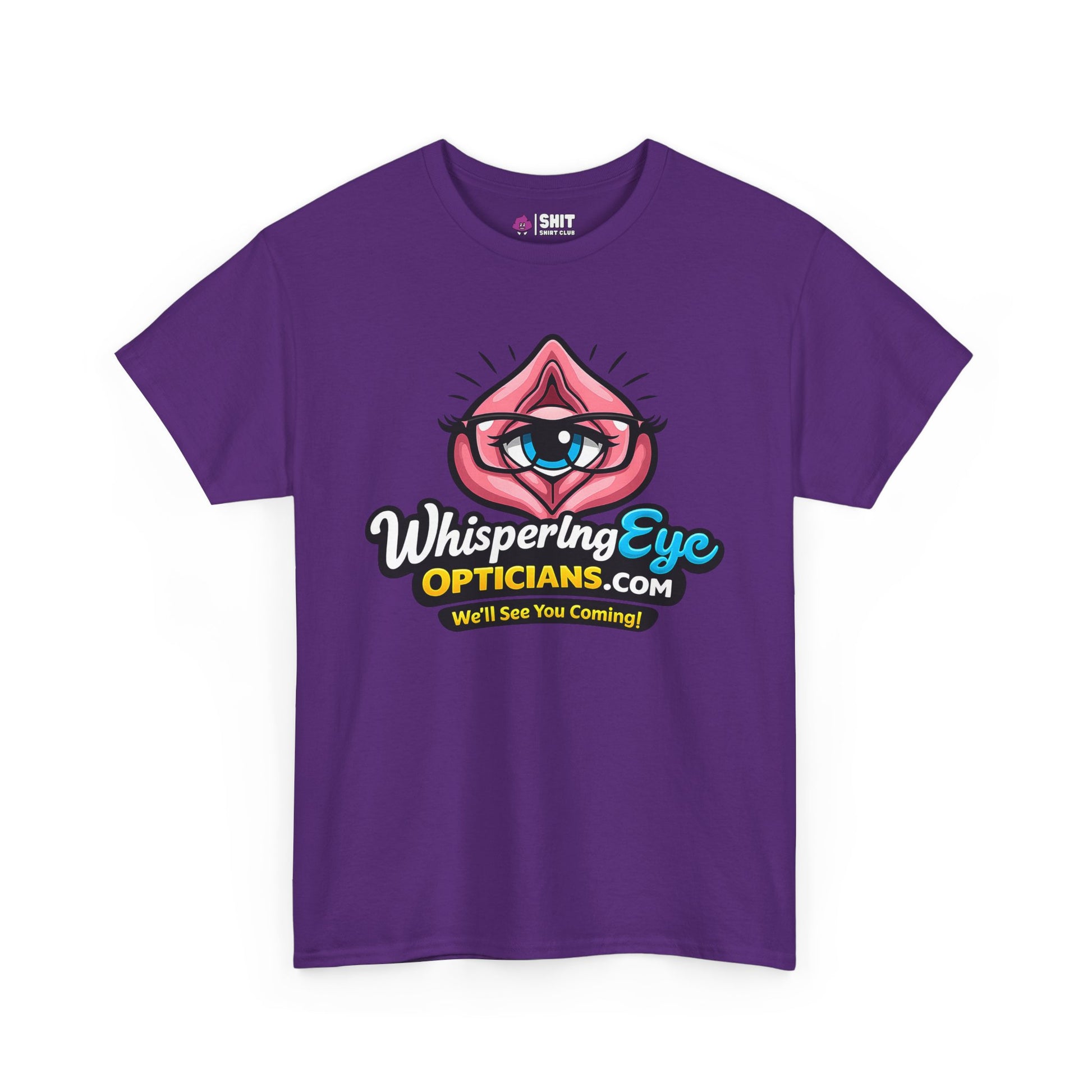 The Whispering Eye Opticians Logo Tee (We'll See You Coming!) is a purple stag do shirt with a fun cartoon eye-in-lips graphic and bold white, yellow, and blue lettering—a cheeky twist on the classic rude T-shirt.