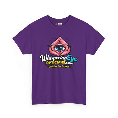 The Whispering Eye Opticians Logo Tee (We'll See You Coming!) is a purple stag do shirt with a fun cartoon eye-in-lips graphic and bold white, yellow, and blue lettering—a cheeky twist on the classic rude T-shirt.