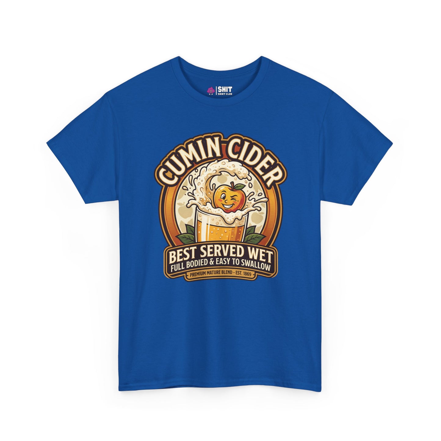 The Cumin Cider Stag Do Tee is a blue t-shirt featuring a smiling apple splashing into cider and the phrases: "Cumin Cider," "Best Served Wet," "Full Bodied & Easy to Swallow," and "Premium Mature Blend." Ideal for funny stag dos!.